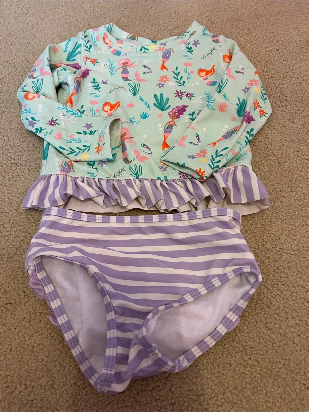 Ruffle Butts Mint Mermaid Rash Guard with Lavender Striped Bottoms